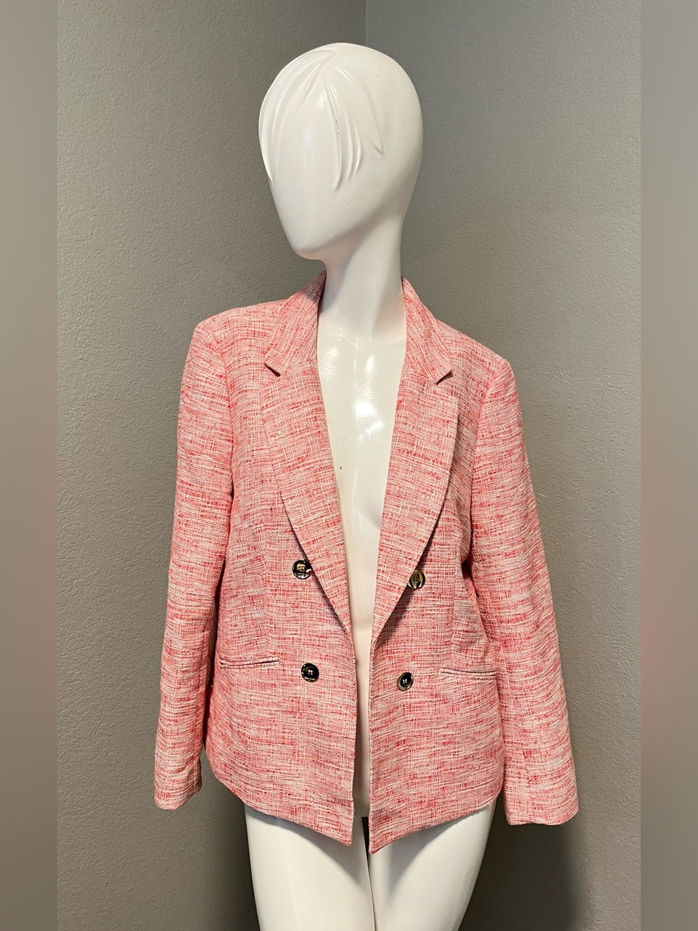 Women’s Bar III Pink Tweed Double-Breasted Open Front Long Sleeves Blazer Size L
